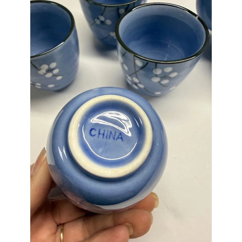 WCL Blue Ceramic Tea Set Cherry Blossom Teapot 4 Cups Large Bowl & Infuser Box